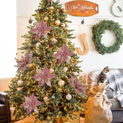 Briful 12'' Large Heads Christmas Glitter Poinsettia Flowers Christmas Tree Ornaments Set of 4 Artificial Flowers with Long Stems for Xmas Tree Party DIY Holiday Decorations, Pink