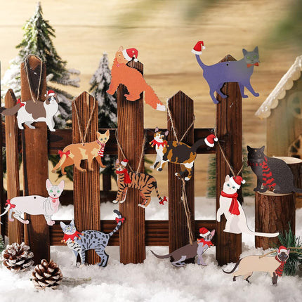 Yalikop 24 Pcs Christmas Wooden Ornaments for Tree Christmas Dinosaurs Hanging Ornaments Cute Xmas Holiday Dinosaur Wood Tree Decorations for Christmas Party Favors(Cat)