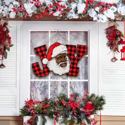 Black Santa African American Christmas Decorations Joy Letter Sign Red Buffalo Plaid Wood Joy Wall Hanging Xmas Wooden Letter Ornaments for Holiday Indoor Outdoor Home Decoration