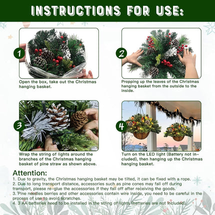 Artificial Christmas Hanging Basket, Decorated with Frosted Pine Cones, Berry Clusters, 30 LED Warm Lights,Christmas Outdoor Decorations for Front Porch Garden Yard Xmas Decor,20 Inches