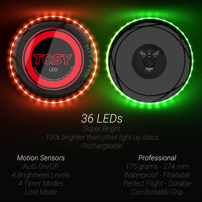 TOSY Flying Disc - 36 Mono-Color LEDs, Extremely Bright, Smart Modes, Camping Essentials for Teens/Kids/Adults/Men/Boys/Girls, Auto Light Up, Rechargeable, Waterproof,