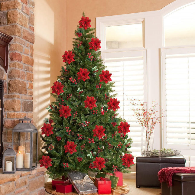 12PCS Christmas Poinsettia Artificial Flowers,Xmas Red Glitter Silk Flowers with Clips and Steams for DIY Christmas Tree Decorations Stairs Wreath Ornaments Home Party
