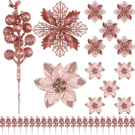 36 Pcs Christmas Poinsettia Flower 3 Styles Glitter Artificial Poinsettia Flowers Glitter Berries Stems Wedding Xmas Tree Flowers Ornaments for Christmas Party DIY Wreath Floral Decorations(Rose Gold)