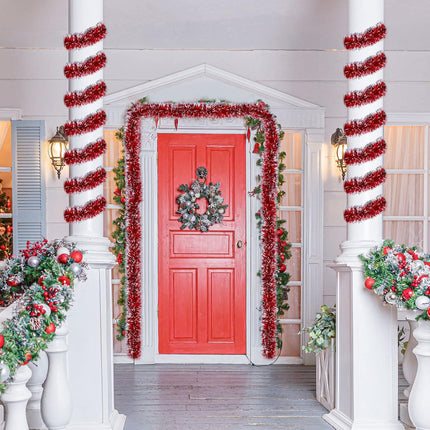 Waydress 4 Pcs Red Tinsel Garland Christmas Tree Decoration Streamer White Snow Metallic Garland Xmas Tree Hanging Streamers for Party Supplies Indoor Outdoor Decor, 3.5 Inch Wide