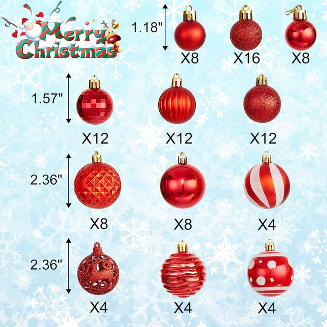 100Pcs Christmas Ball Ornaments Set, Assorted Shatterproof Christmas Tree Balls, Decorative Hanging Baubles Set for Holiday Weeding Party Home Decorations, Red