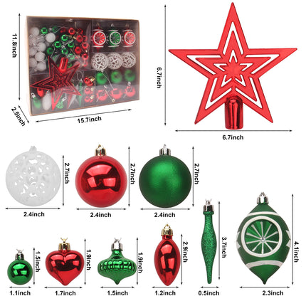 Joiedomi 70Pcs Assorted Christmas Ornaments Set with Ball Ornaments, Star Topper and Heart, Hanging Shatterproof Christmas Ornaments for Holidays and Xmas Tree Ornaments (Red, Green and White)