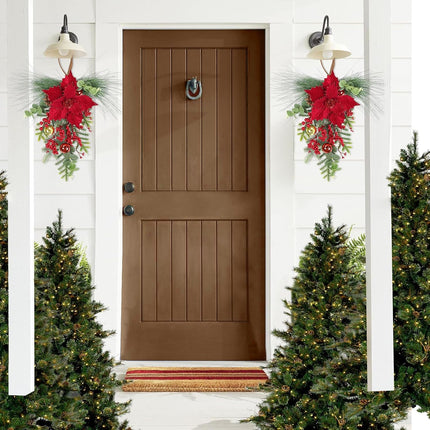 SHACOS 2Pcs Christmas Teardrop Swags with Red Poinsettia Berries, 20inch Artificial Norfolk Greenery Cedar Pine Needle Eucalyptus Xmas Balls Pine Cones Xmas Door Swag Wreath for Front Door Fireplace