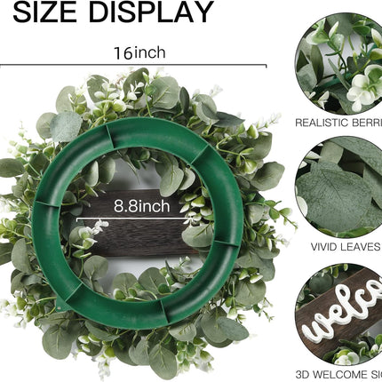Sggvecsy 16in Artificial Eucalyptus Wreath with Welcome Sign Green Eucalyptus Leaf Wreath Greenery Wreath Round Leaves Wreath for Front Door Wall Window Festival Farmhouse Porch Patio Garden Decor