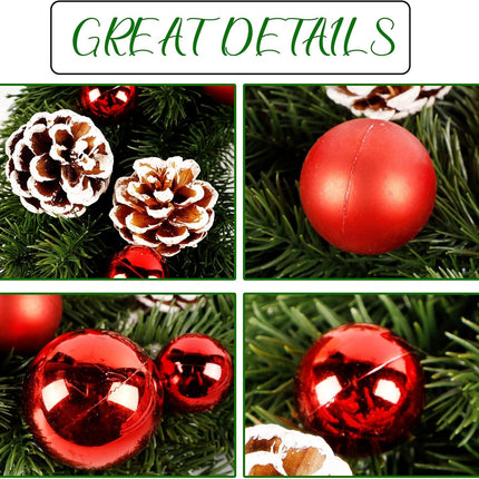 Lulu Home Christmas Front Door Wreath, 15.7" Pre-lit Wreath with Christmas Balls and Pine Cone, Battery Operated 40 LED Light Up Xmas Wreath Decorative Hanging Ornament