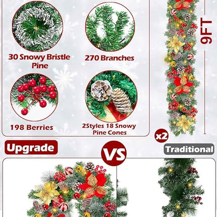 [ 2 Pack & Timer 8 Mode ] 9 Ft 100 LED Prelit Christmas Garland, Each 18 Ball 6 Poinsettia 300 Thick Snowy Tips 18 Pinecone 198 Red Berry Battery Operated Christmas Garland Decor Mantle Indoor Outdoor