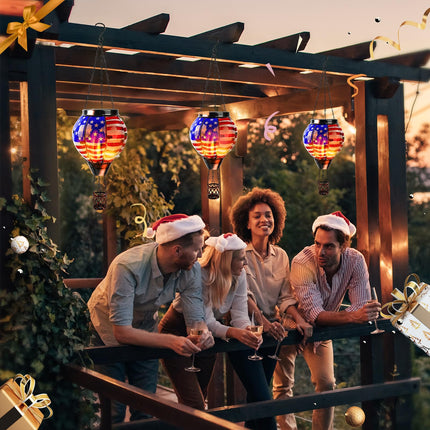 Hot Air Balloon Solar Lantern Hanging Outdoor Solar Lantern with Flickering Flame for Decorative Garden Patio Yard Party Decor for Birthday Halloween Christmas - American Flag