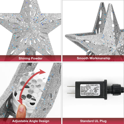 Christmas Tree Topper Lighted with 6 Pattern Projection Modes, Christmas Star Tree Topper Built-in LED Rotating Lights, 3D Glitter Projector for Christmas Decorations (Silver)