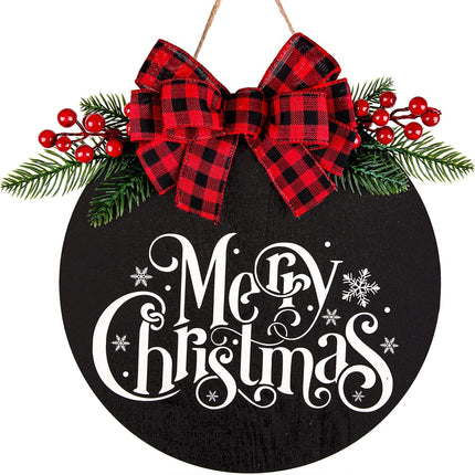 Whaline Merry Christmas Wooden Hanging Sign Door Decoration Wreath Buffalo Plaid Bow Welcome Sign for Home Indoor Outdoor Wall Window