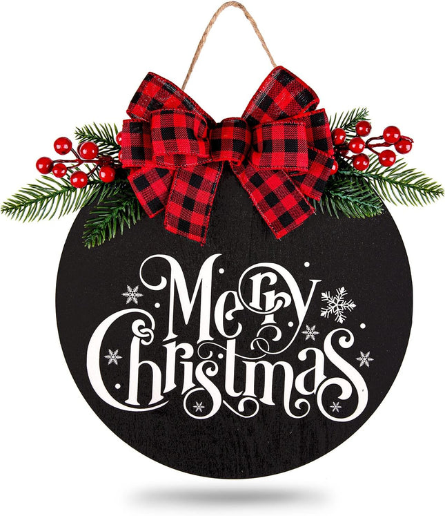Whaline Merry Christmas Wooden Hanging Sign Door Decoration Wreath Buffalo Plaid Bow Welcome Sign for Home Indoor Outdoor Wall Window