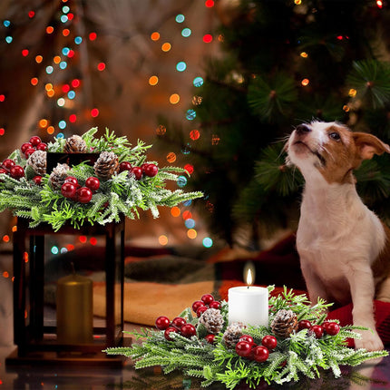 Lyrow 4 Pcs Christmas Candle Rings Wreath Norfolk Pine Garland Red Berry Pinecones Wreaths Artificial Berries Snowy Pine Garland Candle Ring Holder for Christmas Wedding Home Table Centerpiece