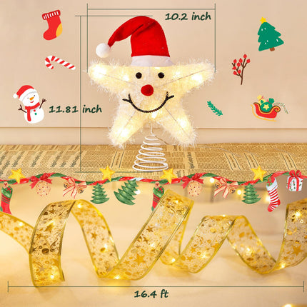 Christmas Tree Star Topper: 16.4ft Christmas Tree Ribbon Lights and Smiley Star Tree Topper with Santa Hat - Glowing Christmas Decorations for Christmas Trees