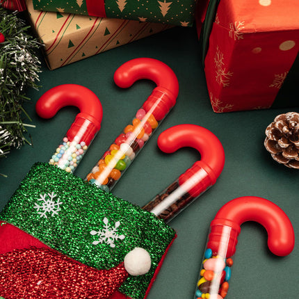 12Pcs Christmas Candy Cane Tubes, Clear Candy Containers with Red Topper, Plastic Tubes for Sweets for Christmas Party Supplies