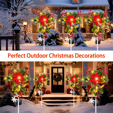 2 Pack Solar Christmas Decorations Outdoor, 32 Inch Solar Christmas Cross Stake Lights, Waterproof Grave Decorations with Poinsettia Flower Pinecones Red Berries for Garden Yard Patio Lawn Cemetery