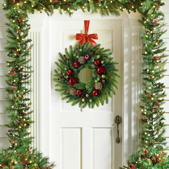 Christmas Wreath - Christmas Wreaths for Front Door, 20" Norfolk Pine Wreath with Lights Christmas Fruits Berries Rattan Balls Pine Needles Wreath for Home Wall Window Indoor Outdoor Decor