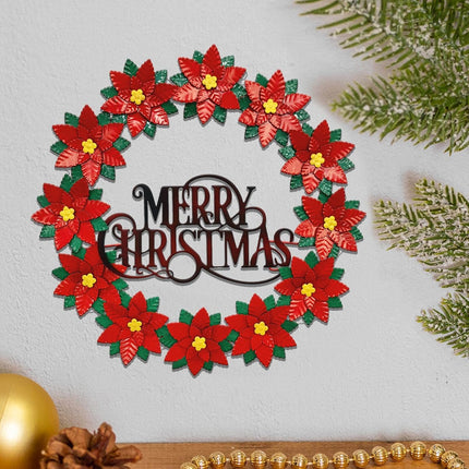 16” Metal Christmas Wreath for Front Door, Poinsettias Handcrafted Holiday Xmas Door Wreaths Clearance Porch Decorations
