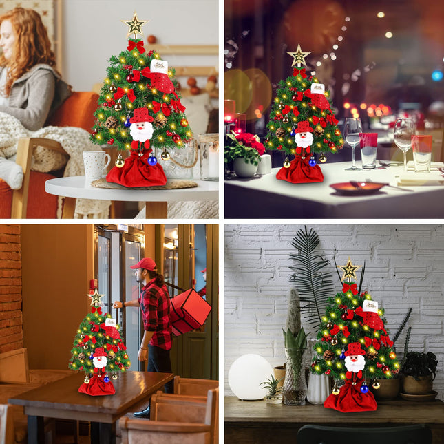 2 Ft Little Tabletop Christmas Trees Led Lights Artificial Pre-Lit Decoration And Ornaments Mini Xmas Decorated Topper Star Bow Miniature Snowman Indoor Small Desktop Potted Balls Battery Operated Set