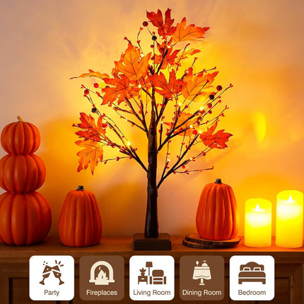 24 Inch 24 LED Artificial Fall Lighted Maple Tree Lighted Fall Tree with Timer Battery/USB Operated, Fall Decor for Autumn Thanksgiving Harvest Fall Home Indoor