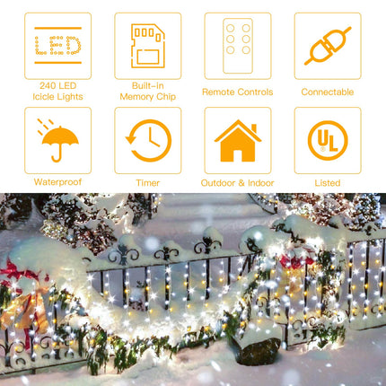 suddus Icicle Lights for Outside, 23.6ft 240 Led Hanging String Lights Outdoor Waterproof, Plug in Connectable Christmas Lights for House, Roof, Fence, Railing, Bedroom, Cool White with Warm White