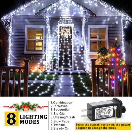 Christmas Lights Outdoor - 344 LED 12FT Christmas Tree Lights with Topper Star, Waterproof Plug in 8 Modes Waterfall String Lights for Indoor Patio Yard Lawn Party Xmas Decorations, White