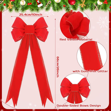 Zeyune 12 Pcs Large Christmas Red Bows with Gold Edge Velvet Xmas Wreath Bows 10" x 26" Christmas Tree Topper Bows for Holiday Party Supplies Indoor Outdoors Wrapping Decorations