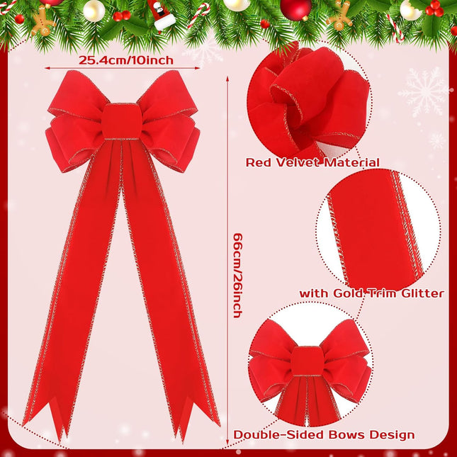 Zeyune 12 Pcs Large Christmas Red Bows with Gold Edge Velvet Xmas Wreath Bows 10" x 26" Christmas Tree Topper Bows for Holiday Party Supplies Indoor Outdoors Wrapping Decorations