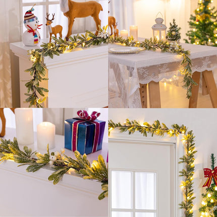 Ethlomoer 6.6FT Pre-lit Christmas Garland with 20 LED Lights, Battery Operated, Flocked Olive Lighted Garland with Snowflakes for Mantle Stairs Wall, Indoor&Outdoor, Greenery Garland for Christmas Dec