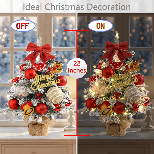 Mini Christmas Tree,22 Inches Artificial Tabletop Christmas Tree with 50 Lights(8 Modes),Snow Flocked Small Christmas Tree with DIY Ornaments Balls Bowknot for Christmas Decor Home Indoor
