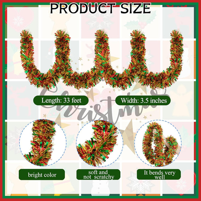 33FT Christmas Tinsel Garland Multicolor Metallic Tinsel Twist Garland Glitter Foil Garland Hanging Decoration for Xmas Tree Decoration Wedding Party Supplies (Red Green Golden)