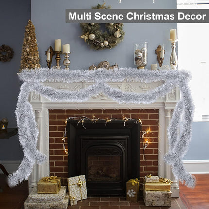 TURNMEON 5 String Total 50 Ft Tinsel Christmas Garlands Decorations White Edge Metallic Streamers Xmas Tree Decorations Indoor Outdoor Home Xmas Party Supplies, Each 10 Ft by 4 Inch(Silver)