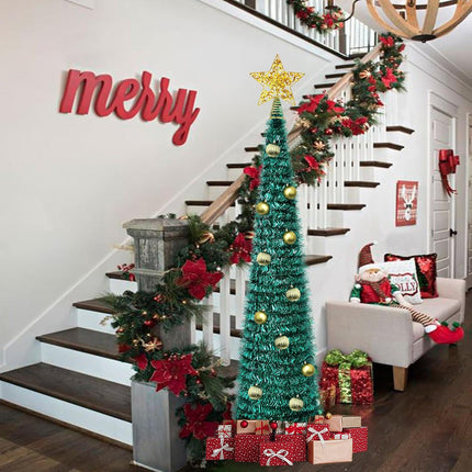 5Ft Pop up Christmas Tree Blackish Green,Collapsible Pencil Tree with Plastic Base, Tinsel Tree for Holiday Home Party Decoration Indoor Outdoor