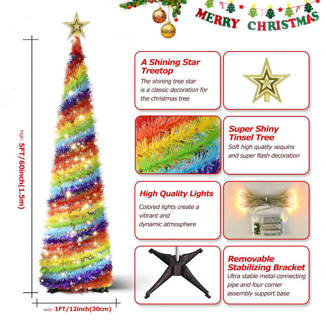 5FT Pop Up Christmas Tree with LED Lights and Tree Topper- Collapsible Artificial Tinsel Pencil Christmas Tree, Skinny Xmas Tree for Indoor Home Apartment Porch Holiday Party Decorations(Rainbow)