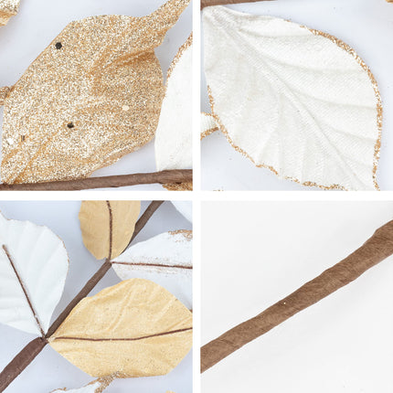 KI Store White and Champagne Christmas Picks Spray Set of 6 Christmas Leaf Floral Stem for Christmas Tree Decoration Bouquet Tree Topper Flower Arrangement Decor