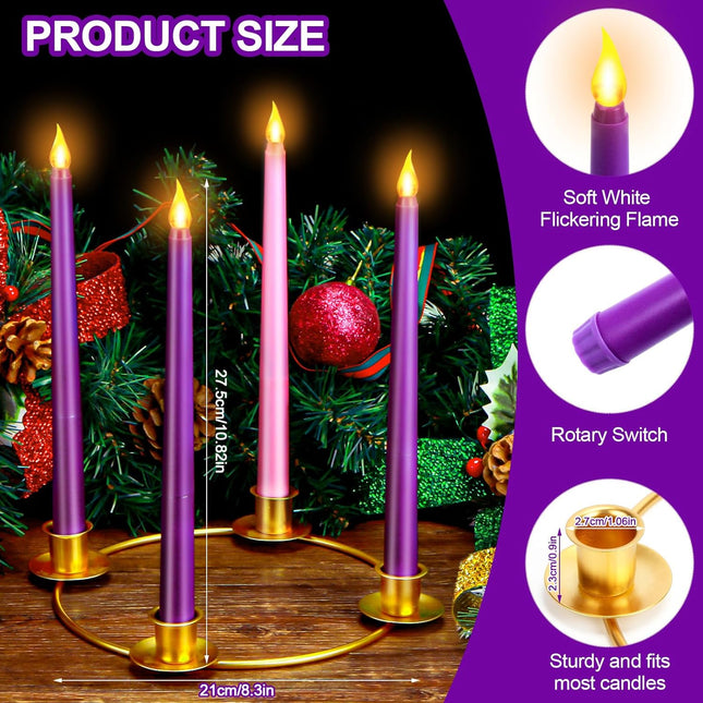 4 Pieces Christmas Flameless Advent Candle Set with Gold Metal Advent Wreath Ring Candle Holder Purple Pink Taper Flameless Candles for Christmas Advent Home Table Decorations