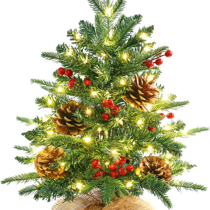 Tabletop Small Christmas Tree 22 Inch Mini Artificial Christmas Tree with 50 Warm White Lights (8 Modes), Include Pinecones and Red Berries,Mini Xmas Trees for Christmas Decorations Indoor Home Decor