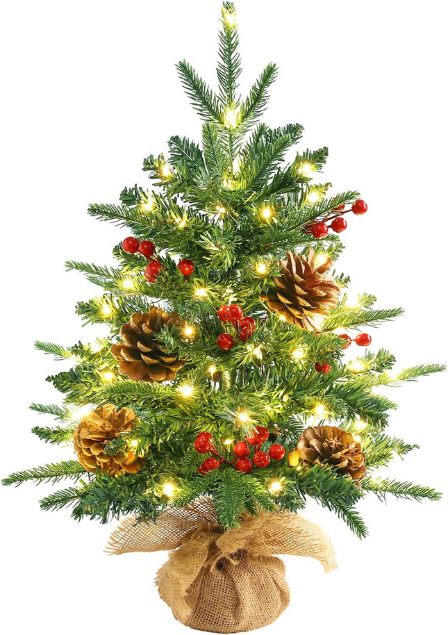 Tabletop Small Christmas Tree 22 Inch Mini Artificial Christmas Tree with 50 Warm White Lights (8 Modes), Include Pinecones and Red Berries,Mini Xmas Trees for Christmas Decorations Indoor Home Decor