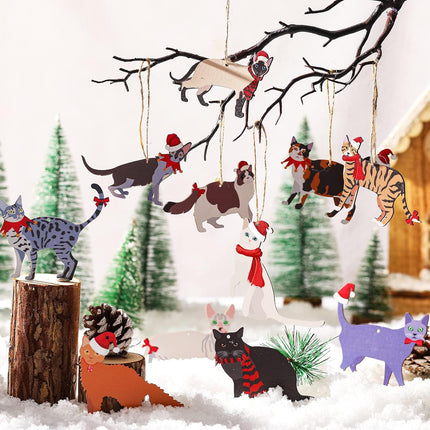 Yalikop 24 Pcs Christmas Wooden Ornaments for Tree Christmas Dinosaurs Hanging Ornaments Cute Xmas Holiday Dinosaur Wood Tree Decorations for Christmas Party Favors(Cat)