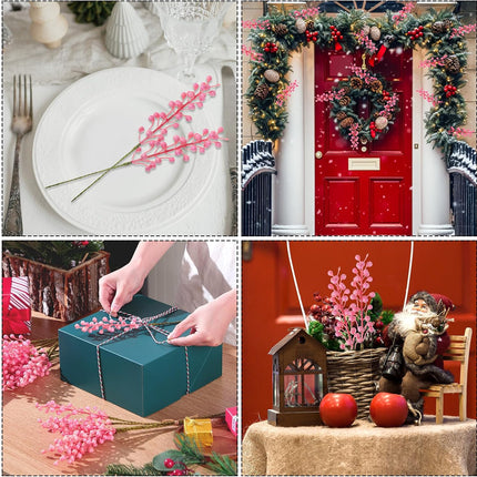 24 Pack Christmas Berry Stems 14 Inch Artificial Berry Picks Xmas Holly Berry Stem Branches for Christmas Tree Ornament Wreath Vase DIY Craft Christmas Home Decor(Pink)