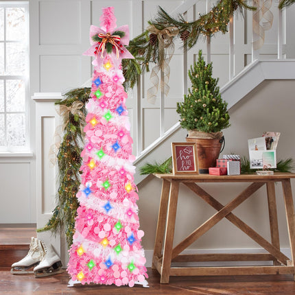 5Ft Pop Up Tinsel Christmas Tree with LED Lights, Sequins, Tree Topper, Collapsible Pencil Christmas Tree Artificial, Holiday Indoor Christmas Decoration for Home, Office, Apartment Xmas Décor