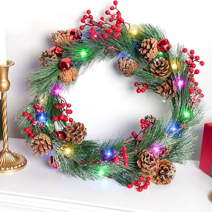 8 Light Modes Christmas Garland with Lights, 6FT Christmas Garland with 18 LED Lights Branches Berries Bells Snowflake Pinecones for Window Fireplace Door Stairs Indoor Outdoor Decoration
