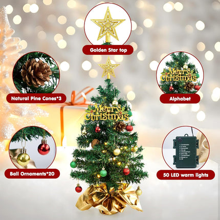 24Inch Small Christmas Tree with Lights, Tabletop Mini Christmas Tree Prelit for Office Table Decor, Small Xmas Tree with 50 Warm LED Lights (Gree)