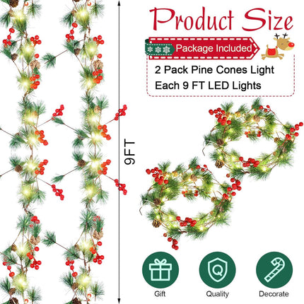2 Pieces Christmas Garland with Lights Battery Operated Christmas Smokey Pine Garland Red Berry Pine Cone LED Christmas Lights for Mantel Pine Garland with Lights for Fireplace Stair Party (9 ft)