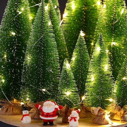 10 Pcs Artificial Mini Christmas Trees 5 Size Bottle Brush Pine Trees Christmas Village Decorations with Santa Snowmen Ornament and LED Light String for DIY Craft Tabletop Desk Display