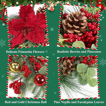 SHACOS 2Pcs Christmas Teardrop Swags with Red Poinsettia Berries, 20inch Artificial Norfolk Greenery Cedar Pine Needle Eucalyptus Xmas Balls Pine Cones Xmas Door Swag Wreath for Front Door Fireplace