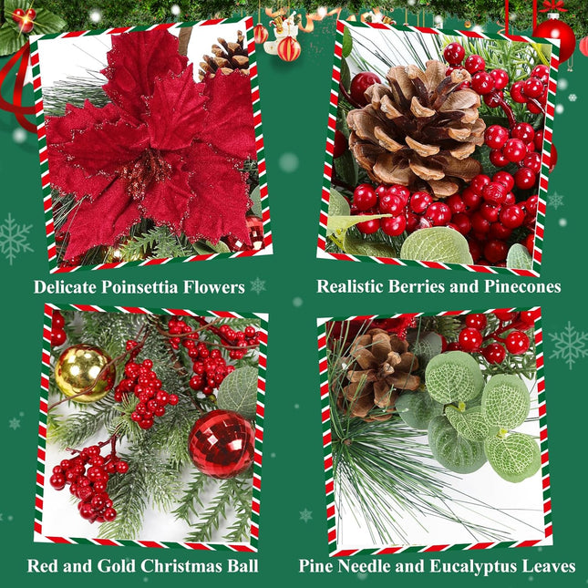 SHACOS 2Pcs Christmas Teardrop Swags with Red Poinsettia Berries, 20inch Artificial Norfolk Greenery Cedar Pine Needle Eucalyptus Xmas Balls Pine Cones Xmas Door Swag Wreath for Front Door Fireplace