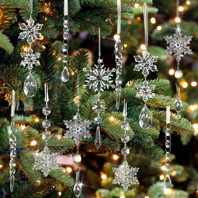 18 Pcs Crystal Snowflake Ornaments and Icicle Ornaments for Christmas Tree, Hanging Acrylic Snowflake and Icicle Ornaments for Christmas Winter Year Party and Home Decorations